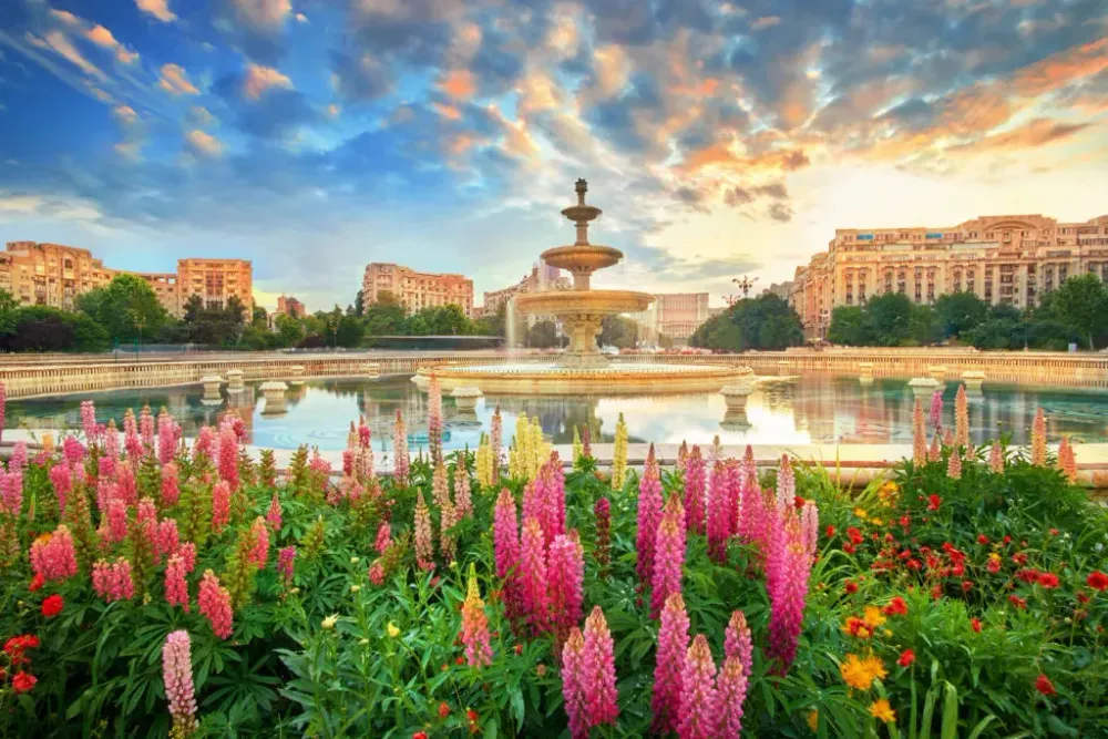 Pink flowers and fountain in Bucharest, Romania